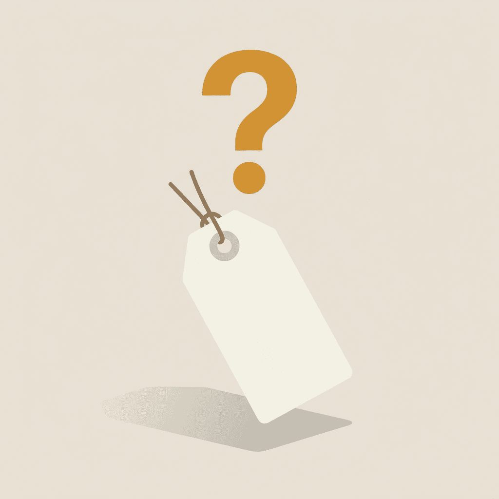 Illustration of a blank price tag with a large question mark above it, representing the still-unsettled market pricing for AI SEO services