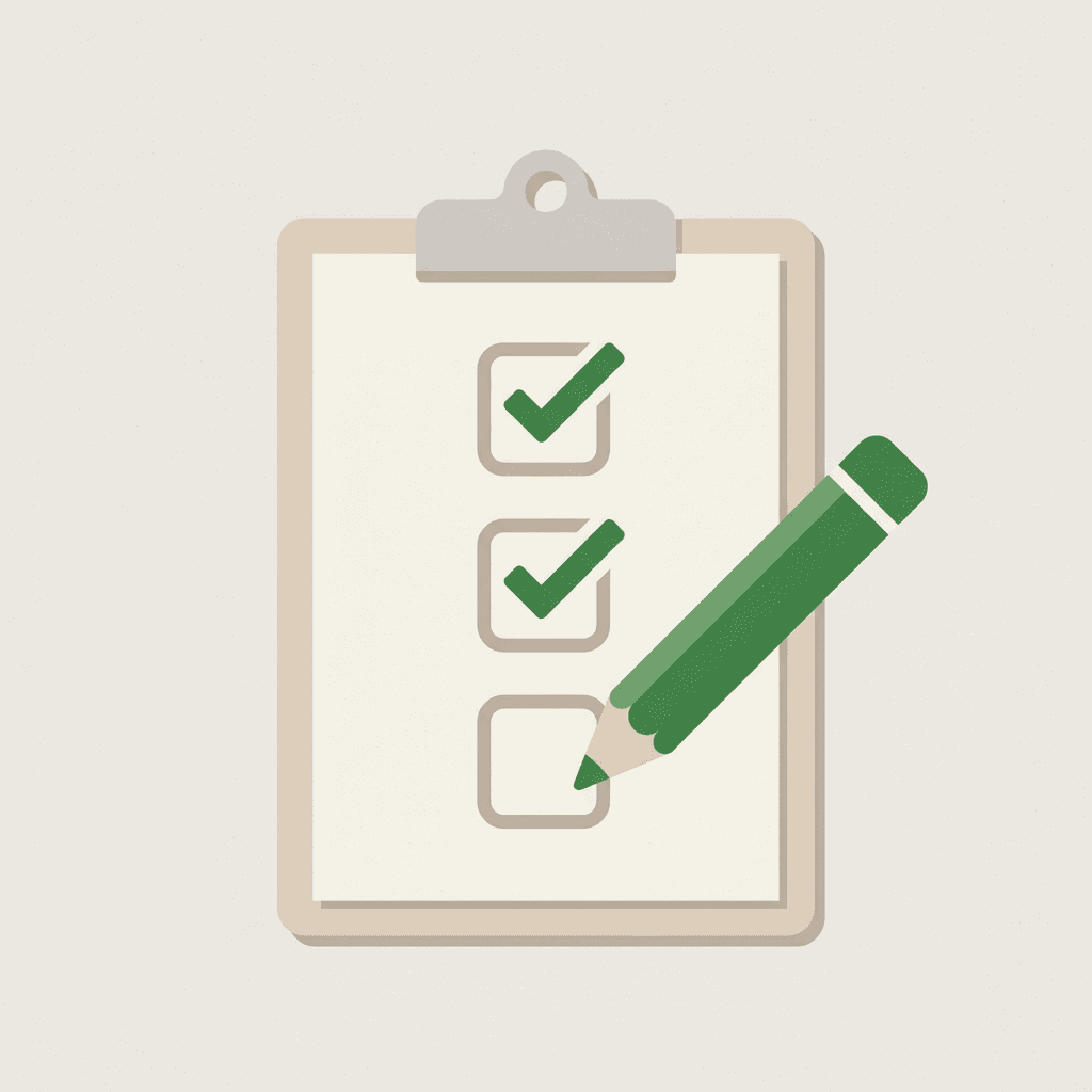 Illustration of a clipboard checklist with two items checked off in green and a pencil resting on the third, unfinished item, representing how to vet whether an agency actually practices AI SEO