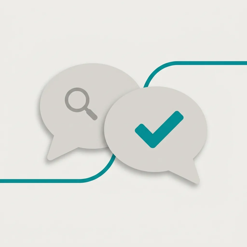 Illustration of two overlapping speech bubbles, one with a magnifying glass icon and one with a checkmark, representing a question meeting a verified answer when vetting a PPC agency