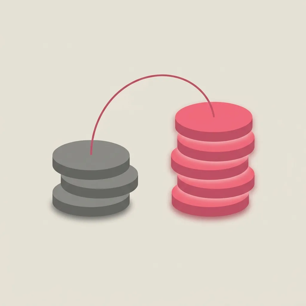 Illustration of two coin stacks, a small grey one and a taller glowing one, connected by a rising line, representing a percentage-of-spend fee growing alongside the ad budget