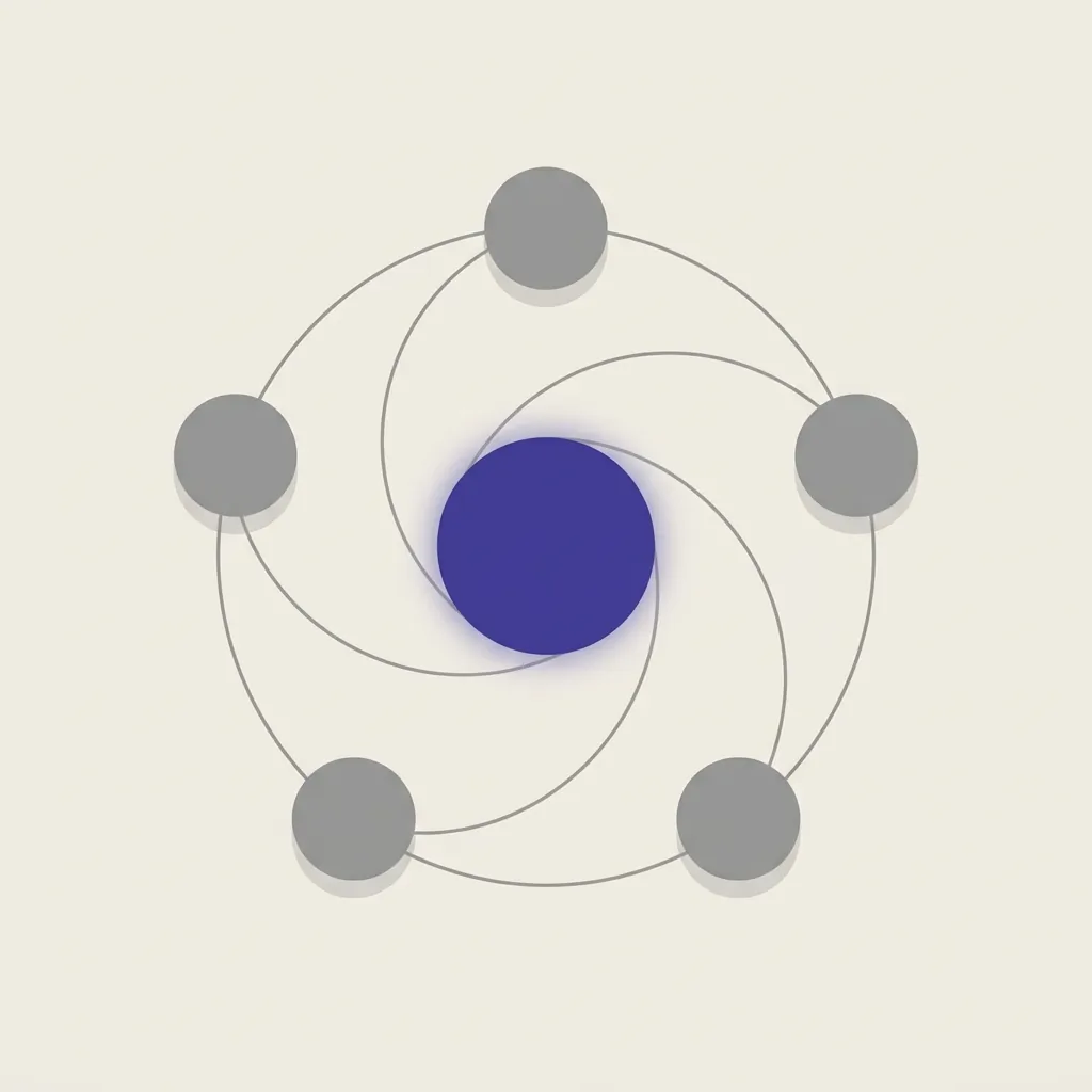 Illustration of a central glowing node connected to several smaller nodes by curved lines, representing a website's backlink and authority network
