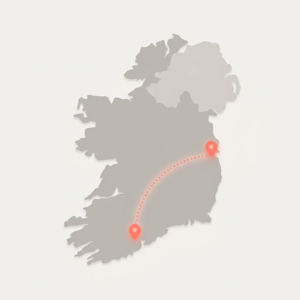 Illustration of a simplified map of Ireland with two pins marking Dublin and Cork connected by a dotted line, representing local SEO targeting outside the capital
