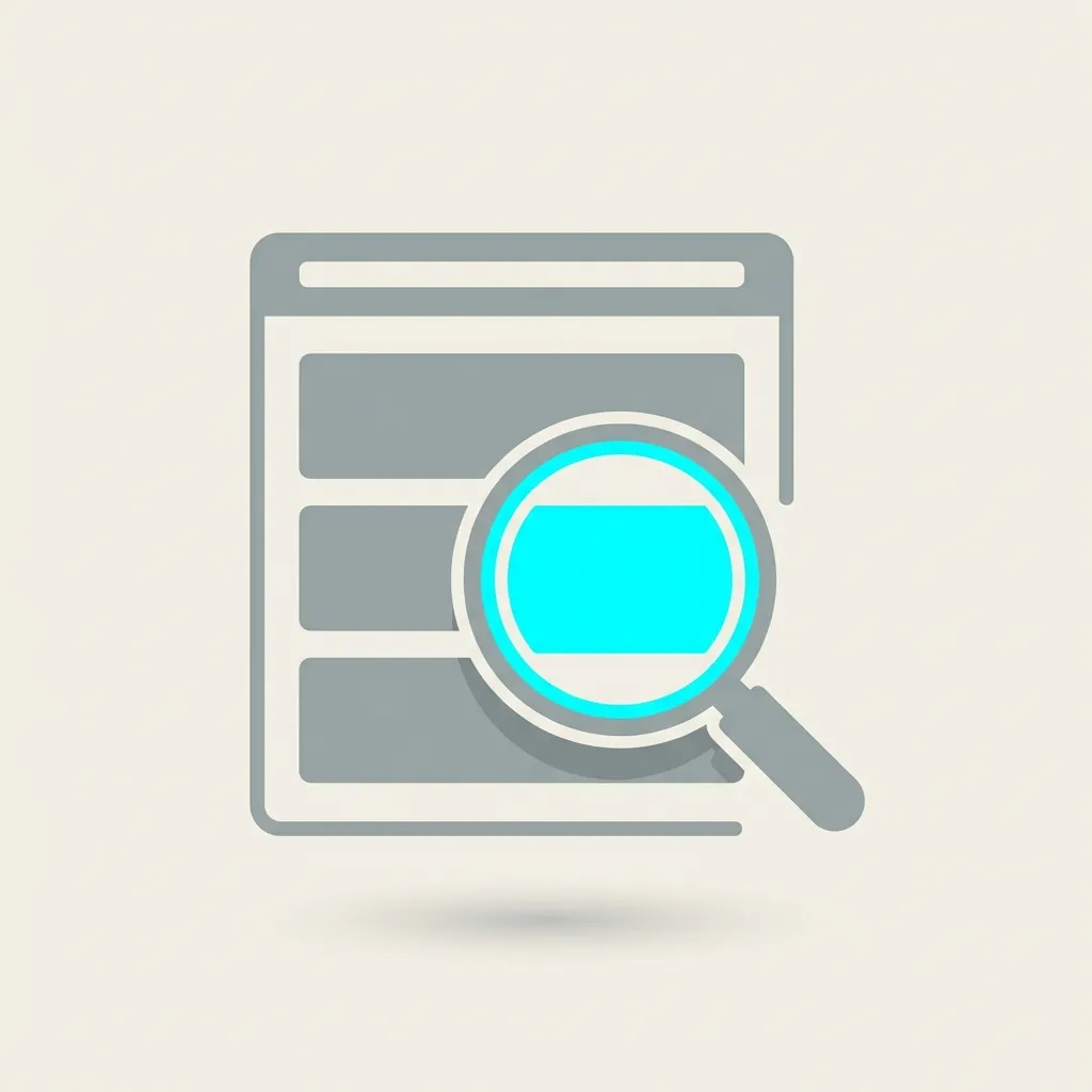 Illustration of a magnifying glass examining one highlighted section of a webpage wireframe, representing a real technical SEO audit rather than a generic checklist
